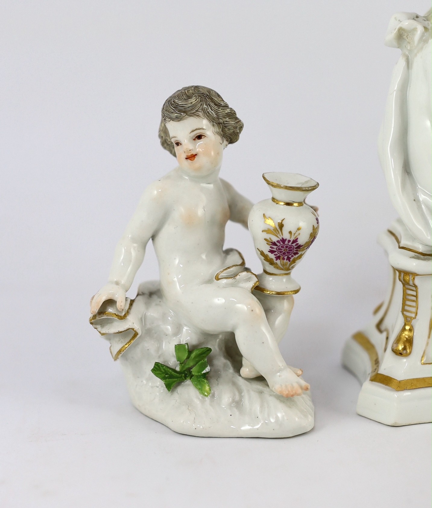 Six Meissen porcelain figures of putti and a boy, second half 18th century, 8.5cm - 14.5cm high, restorations
